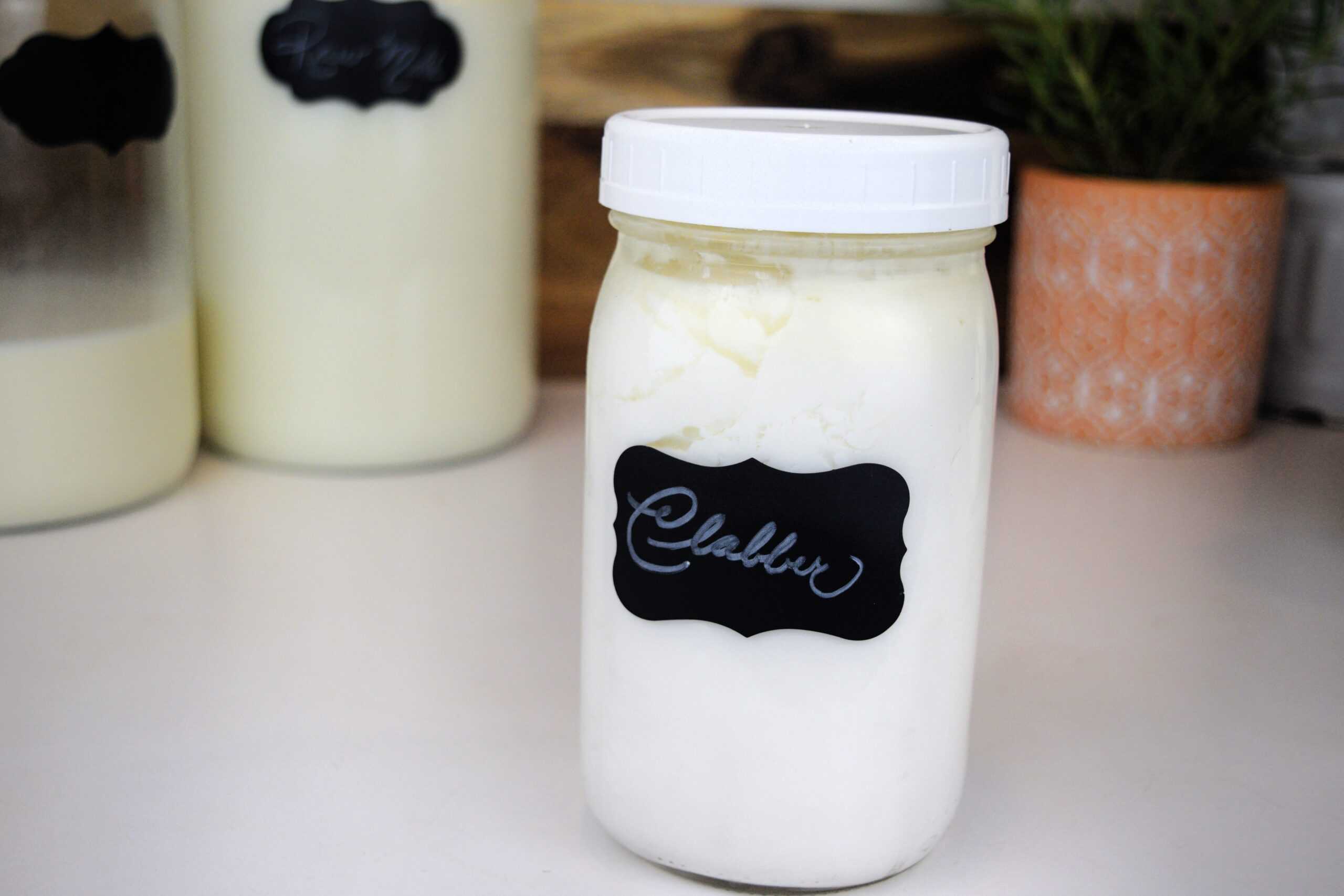 Homemade clabbered milk fermented and ready to use in a quart size mason jar.
