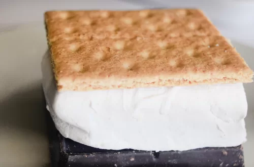 Picture of a s'more on a white countertop for How to Make the Best Homemade TEXAS Size Marshmallows