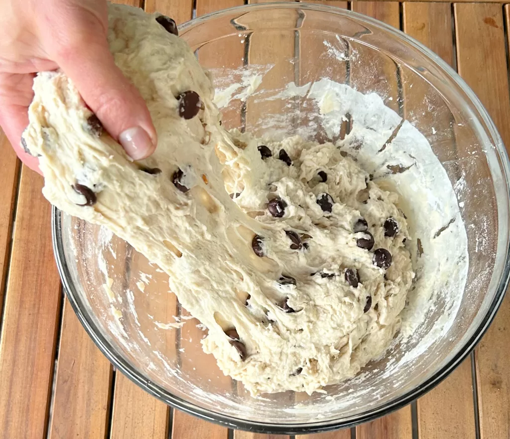 Stretching and folding the sourdough dough for Chocolate Chip Swirl Artisan Sourdough Bread Recipe.
