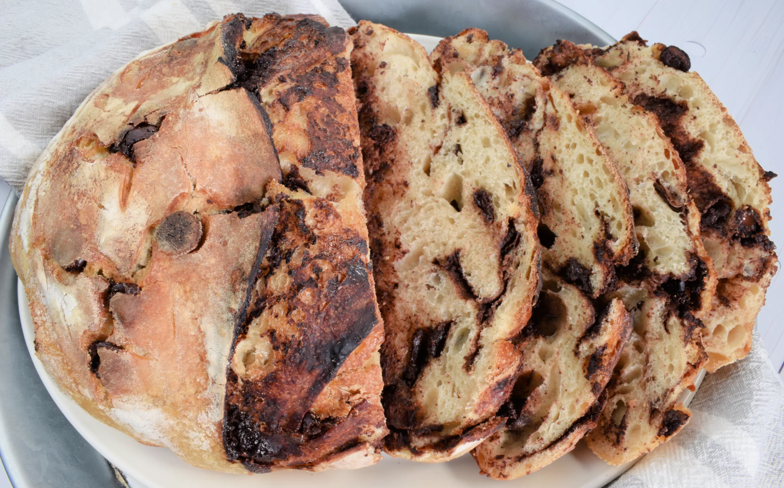 Freshly baked sourdough bread for Chocolate Chip Swirl Artisan Sourdough Bread Recipe.
