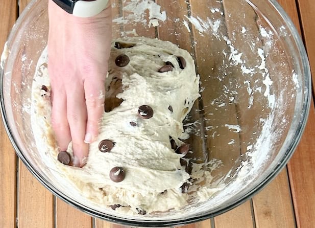 Stretching and folding the sourdough dough for Chocolate Chip Swirl Artisan Sourdough Bread Recipe.