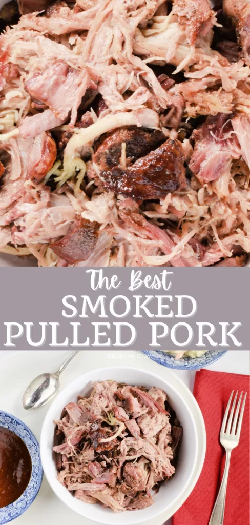 Homemade smoked pulled pork in a white bowl for Easy Best Slow Smoked Pulled Pork Butt Recipe.