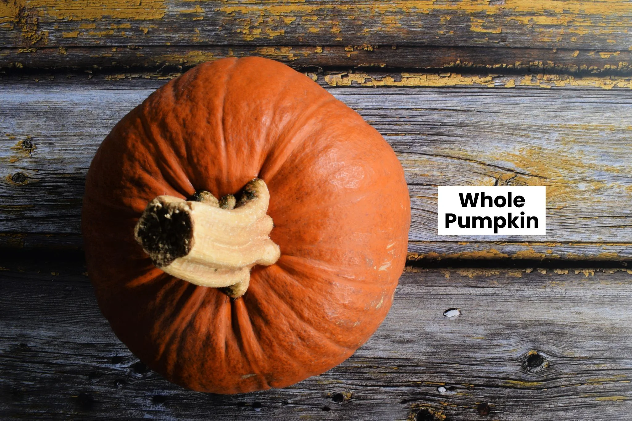 Whole pumpkin on a rustic wood surface with text that reads “Whole Pumpkin.”