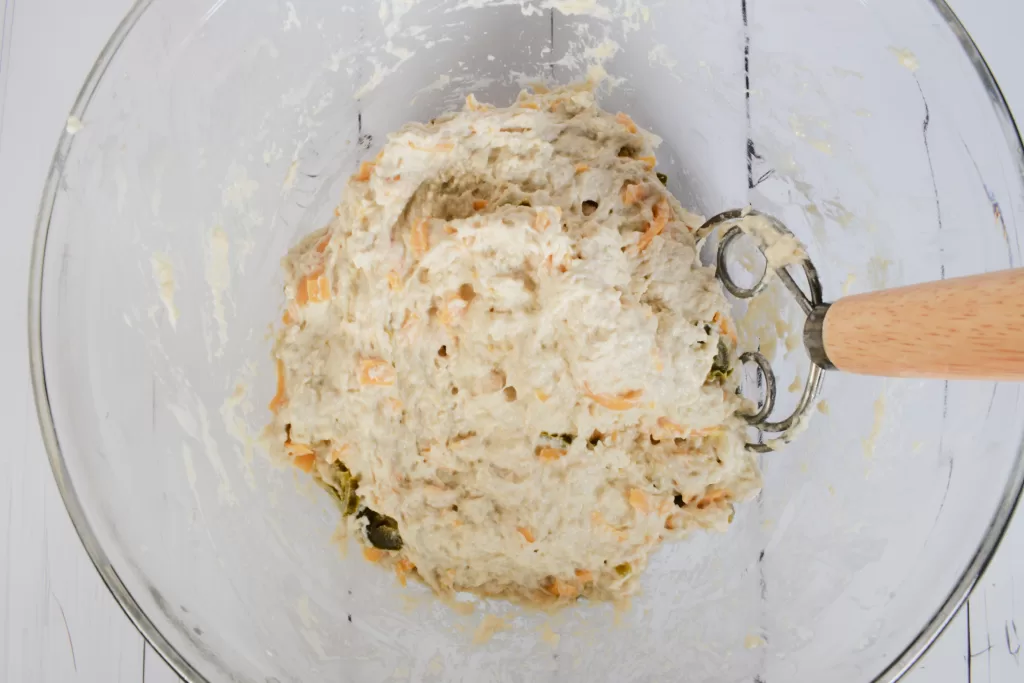 Mixed dough in a bowl for Sourdough Bread Recipe with Jalapeno and Cheddar.