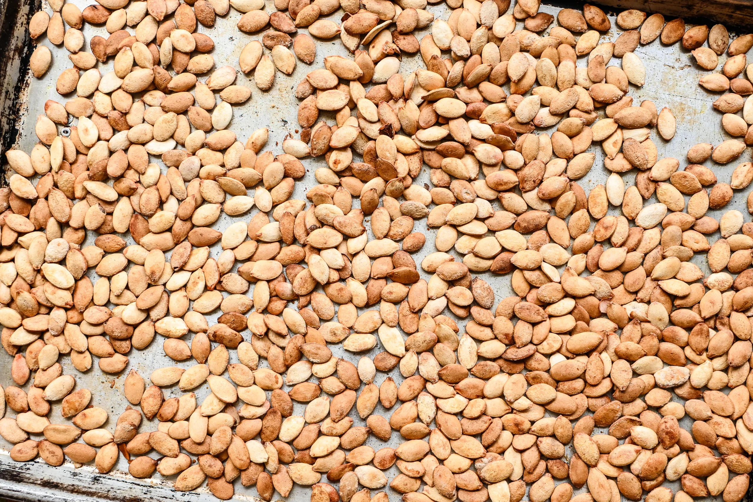 Roasted pumpkin seeds spread across a baking sheet after baking.