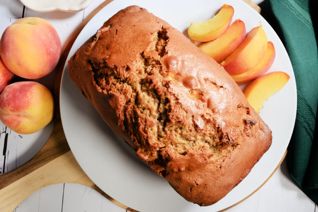 Just baked Easy Sourdough Discard Peach Quick Bread Recipe.