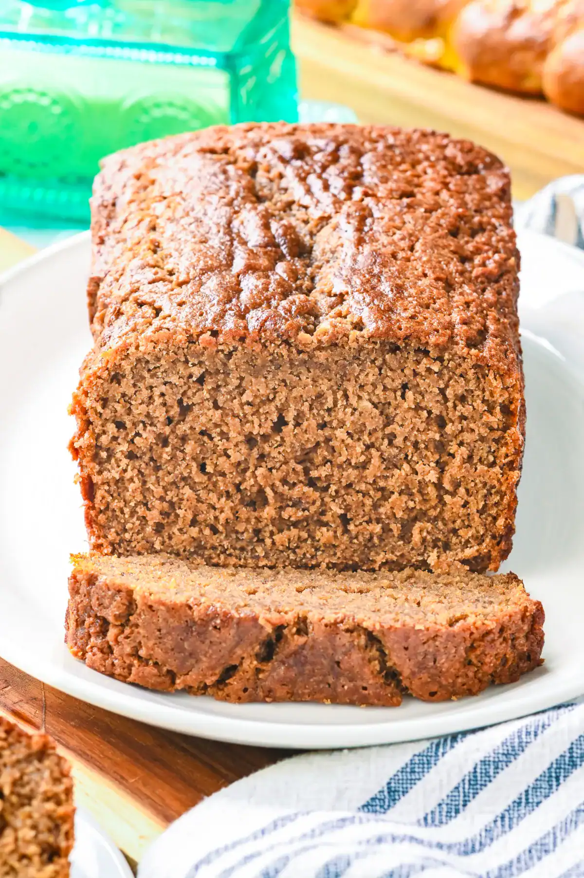 Close-up of sliced sourdough banana nut bread revealing a soft, tender crumb and rich banana flavor—great for breakfast, snacking, or using ripe bananas and sourdough discard.