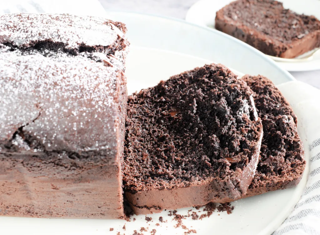Just sliced Sourdough Discard Double Chocolate Chip Quick Bread.