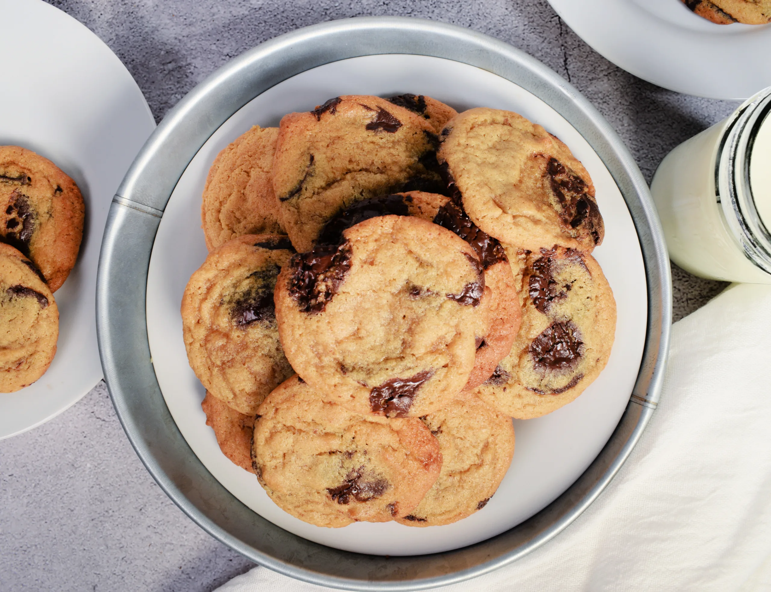 A white dish with a pile of Sourdough Chocolate Chip Cookies.