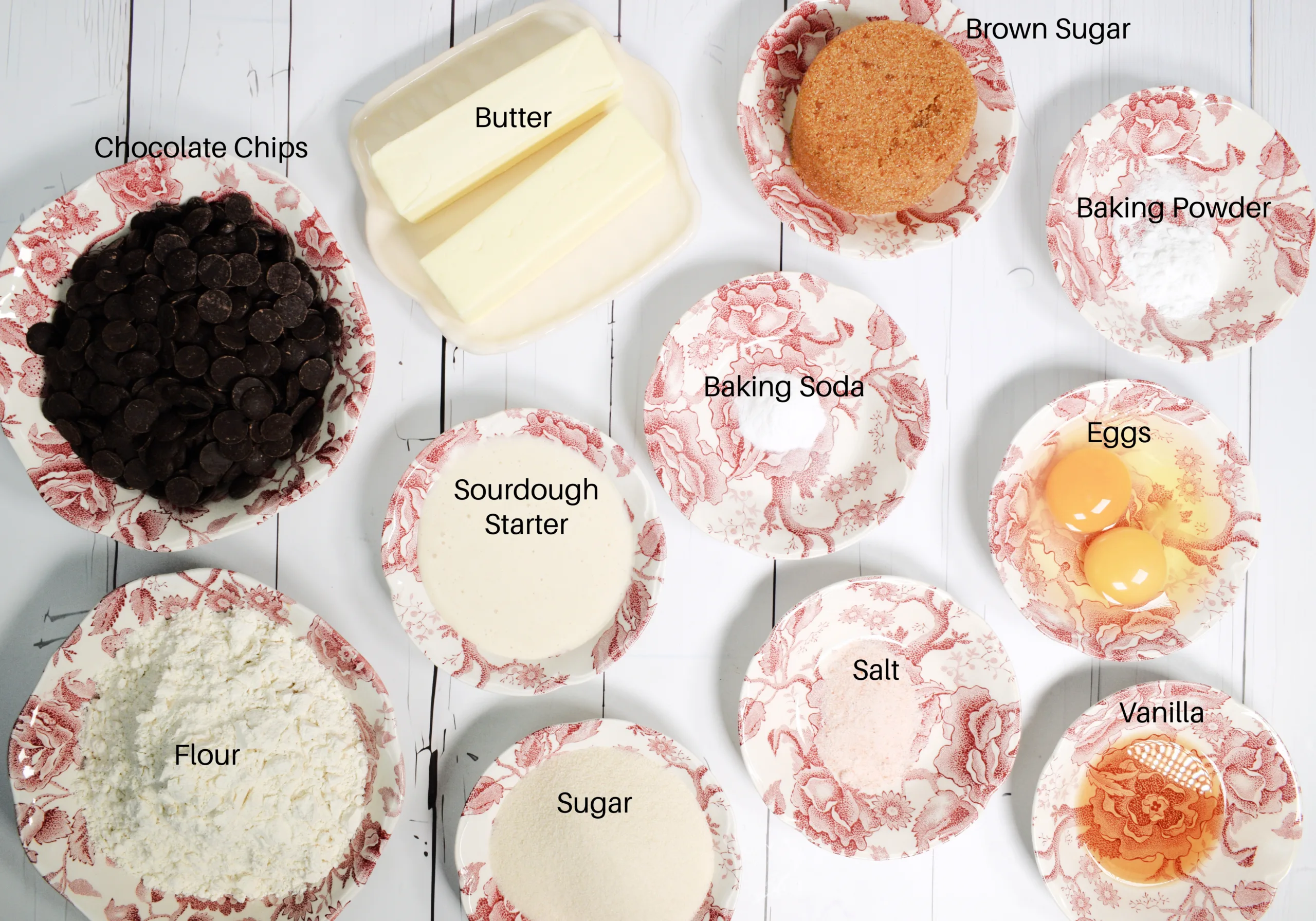 Ingredients for The Best Sourdough Chocolate Chip Cookies Recipe.
