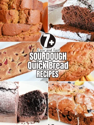 Collage of homemade sourdough discard quick breads including chocolate, pumpkin, berry, and glazed loaves, with bold text overlay reading 7+ Quick and Easy Sourdough Quick Breads Recipes.