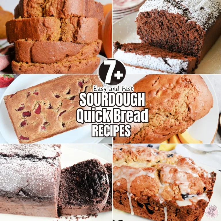 Collage of homemade sourdough discard quick breads including chocolate, pumpkin, berry, and glazed loaves, with bold text overlay reading 7+ Quick and Easy Sourdough Quick Breads Recipes.