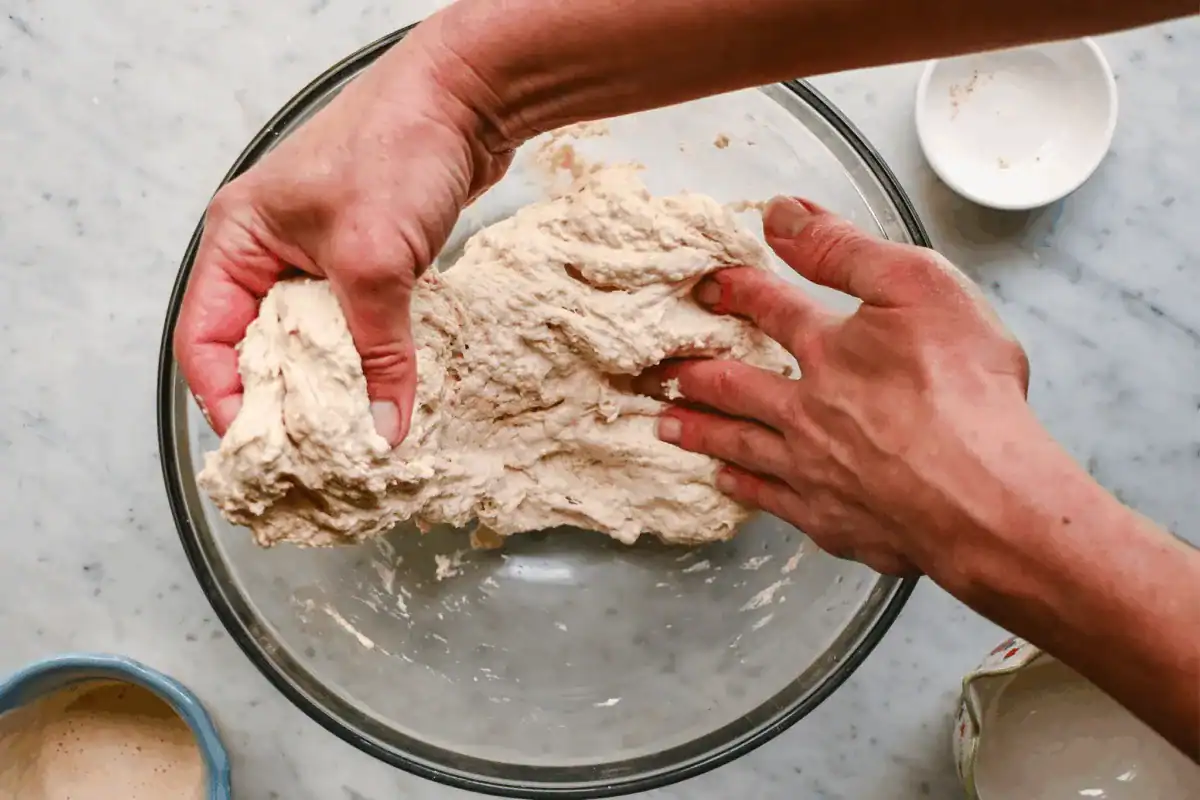 Close-up of hands performing the stretch and fold technique to develop gluten in sourdough ciabatta dough.