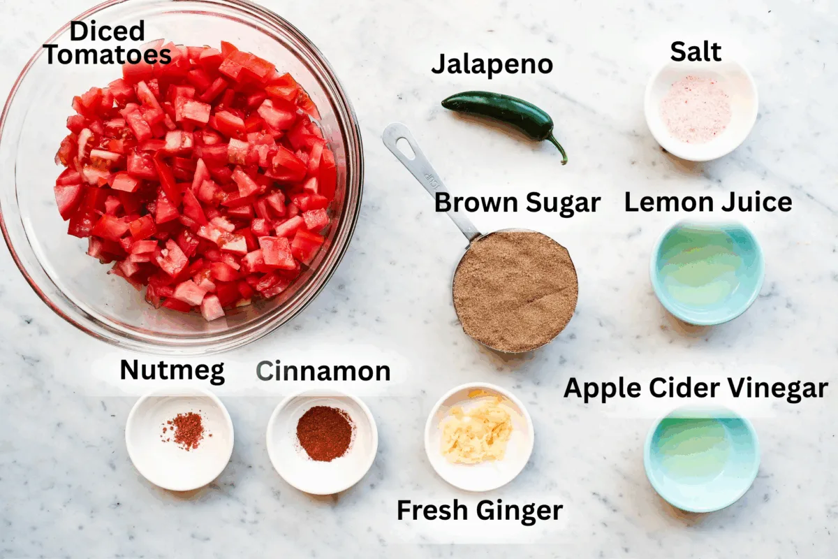 Fresh chopped tomatoes, jalapeño, garlic, apple cider vinegar, and spices measured out for a homemade tomato jam recipe.