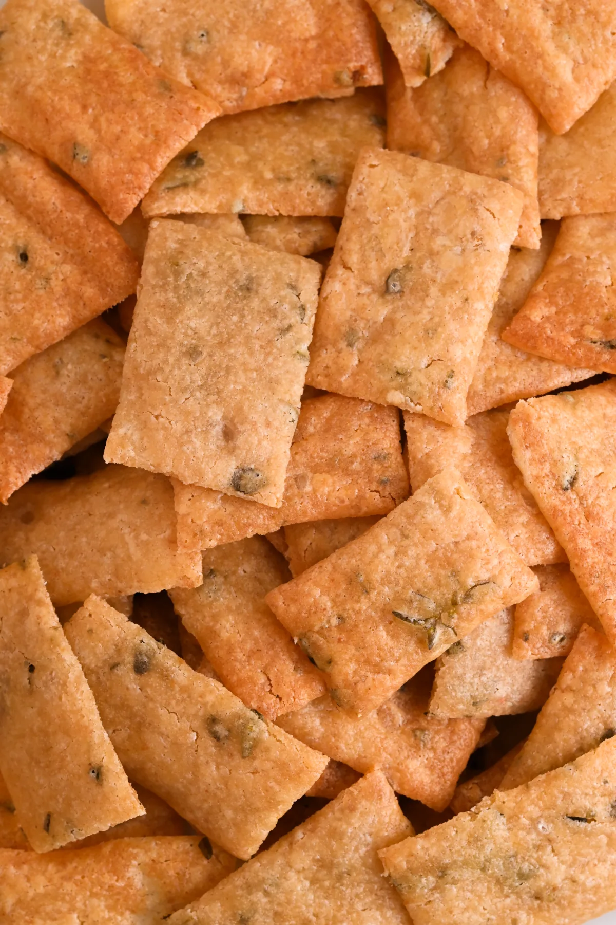 Golden brown homemade sourdough discard crackers in a bowl—perfect for charcuterie boards or as a substitute for store-bought crackers.