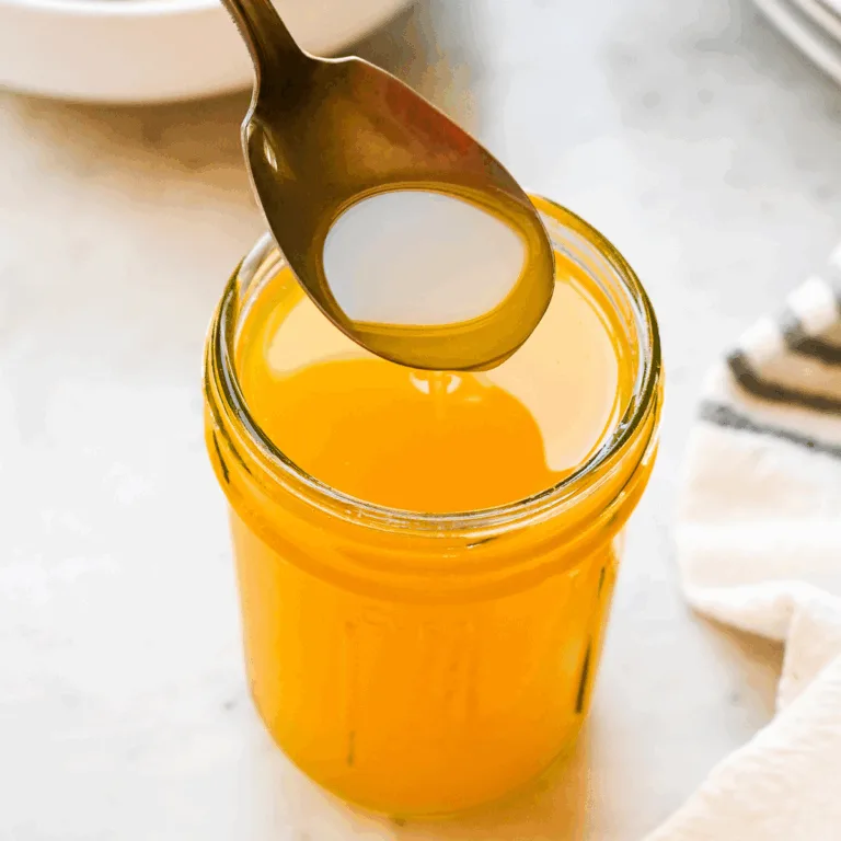 Spoon dipped into a jar of homemade ghee, showing its rich golden color and smooth texture.