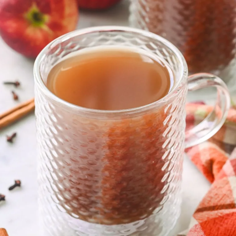 Close-up of a glass mug filled with steaming hot apple cider, surrounded by apples, cinnamon sticks, and a cozy plaid cloth.