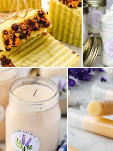 Homemade Christmas gift ideas including natural tallow soap topped with dried flowers, whipped tallow balm in jars, creamy tallow candles, and nourishing lip balm tubes — all easy DIY gifts made with simple ingredients from Idie’s Farm.