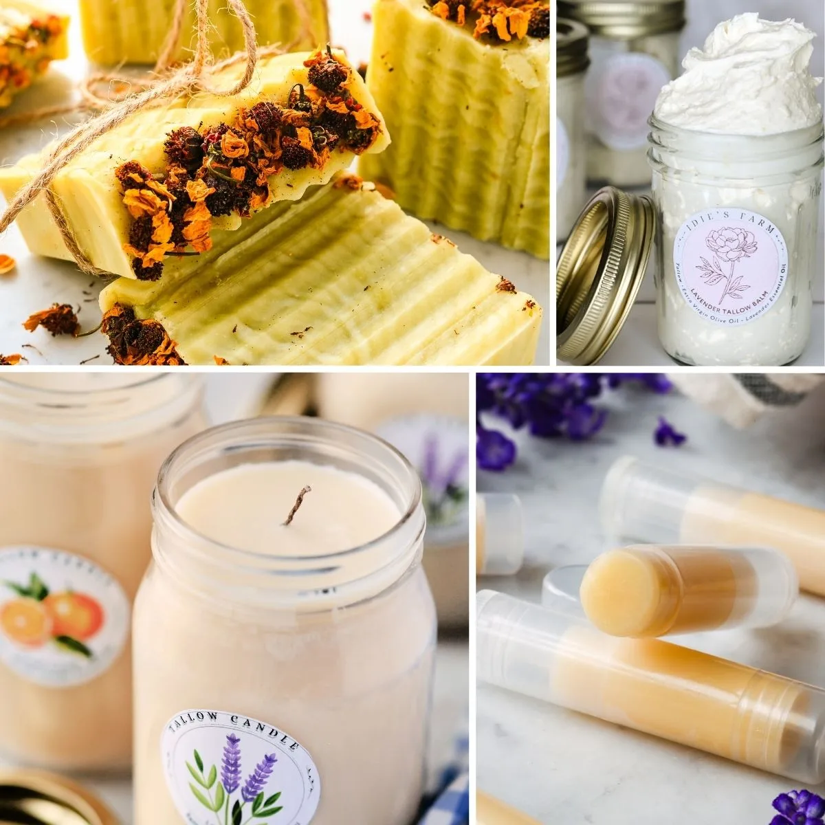 Homemade Christmas gift ideas including natural tallow soap topped with dried flowers, whipped tallow balm in jars, creamy tallow candles, and nourishing lip balm tubes — all easy DIY gifts made with simple ingredients from Idie’s Farm.