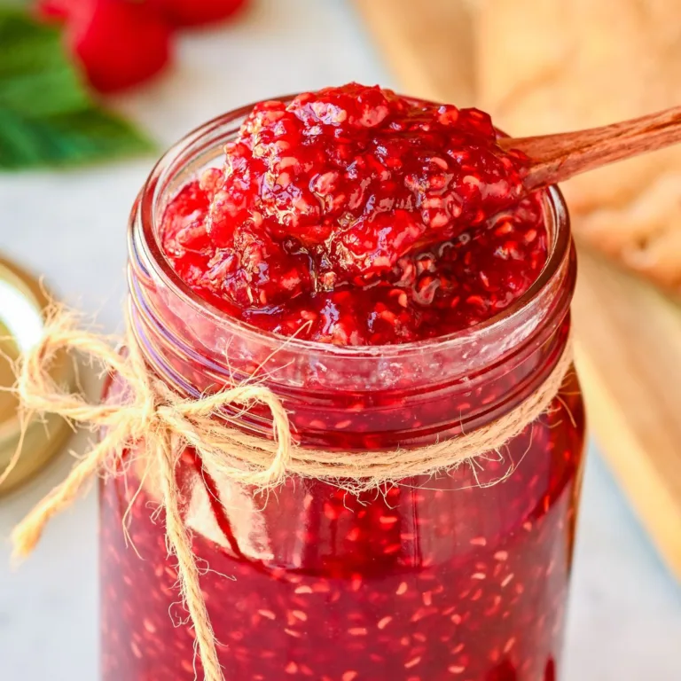 Wooden spoon scooping homemade raspberry jam from a glass jar tied with twine, showing the thick, chunky texture.