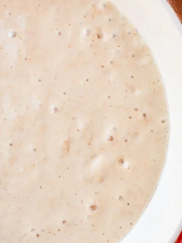 Sourdough discard in a white bowl, showcasing its creamy, bubbly texture — perfect for learning what sourdough discard is and how to use it.
