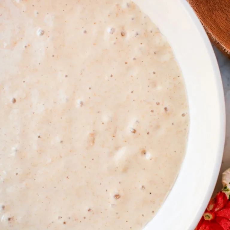 Sourdough discard in a white bowl, showcasing its creamy, bubbly texture — perfect for learning what sourdough discard is and how to use it.