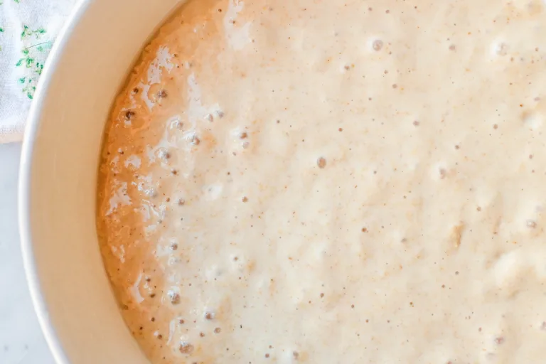 Active sourdough starter made with freshly milled whole wheat flour, showing bubbles and fermentation in a cream-colored bowl.