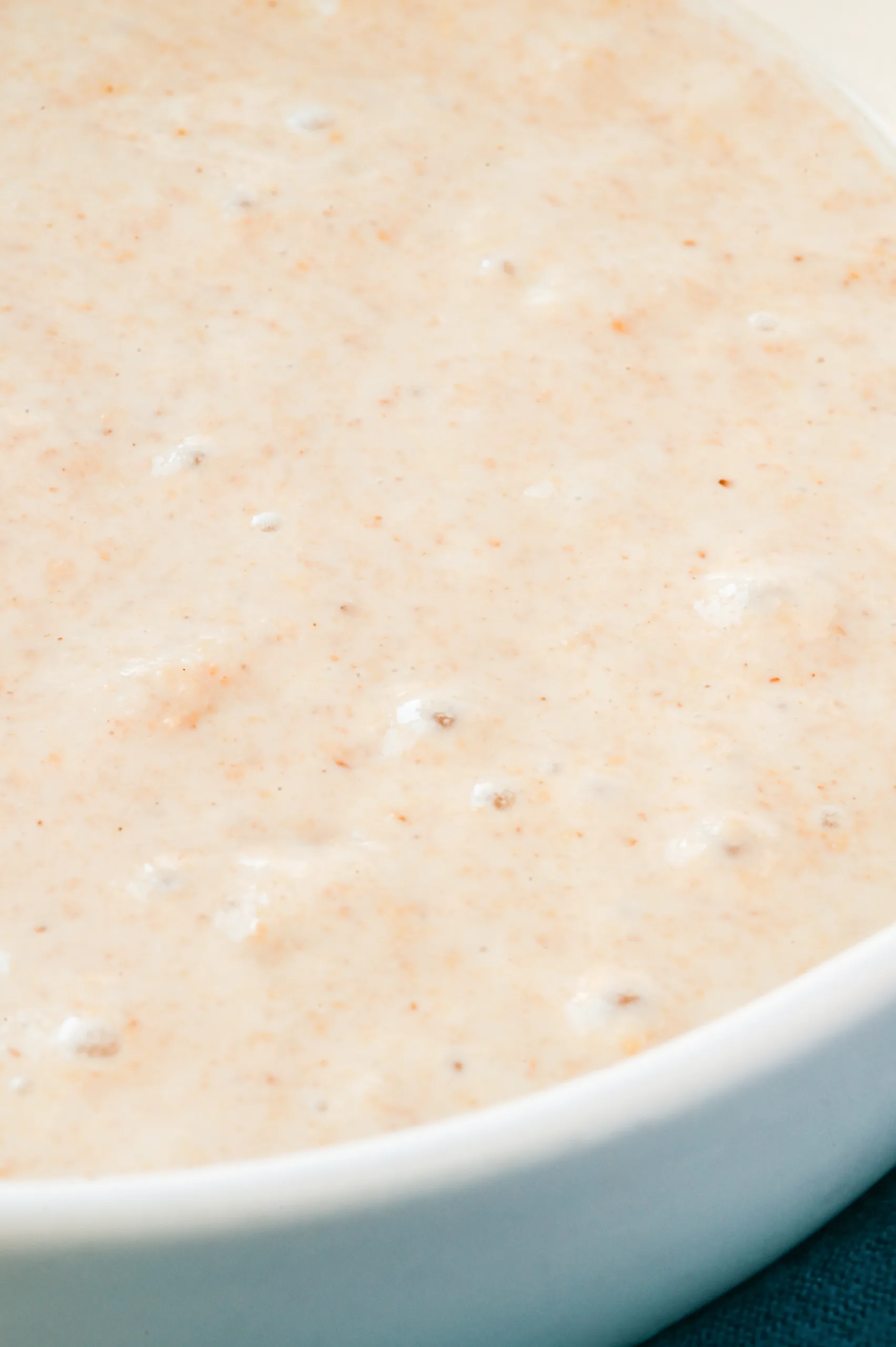 Close-up of a bubbly sourdough starter fed with freshly milled whole wheat flour in a white bowl.