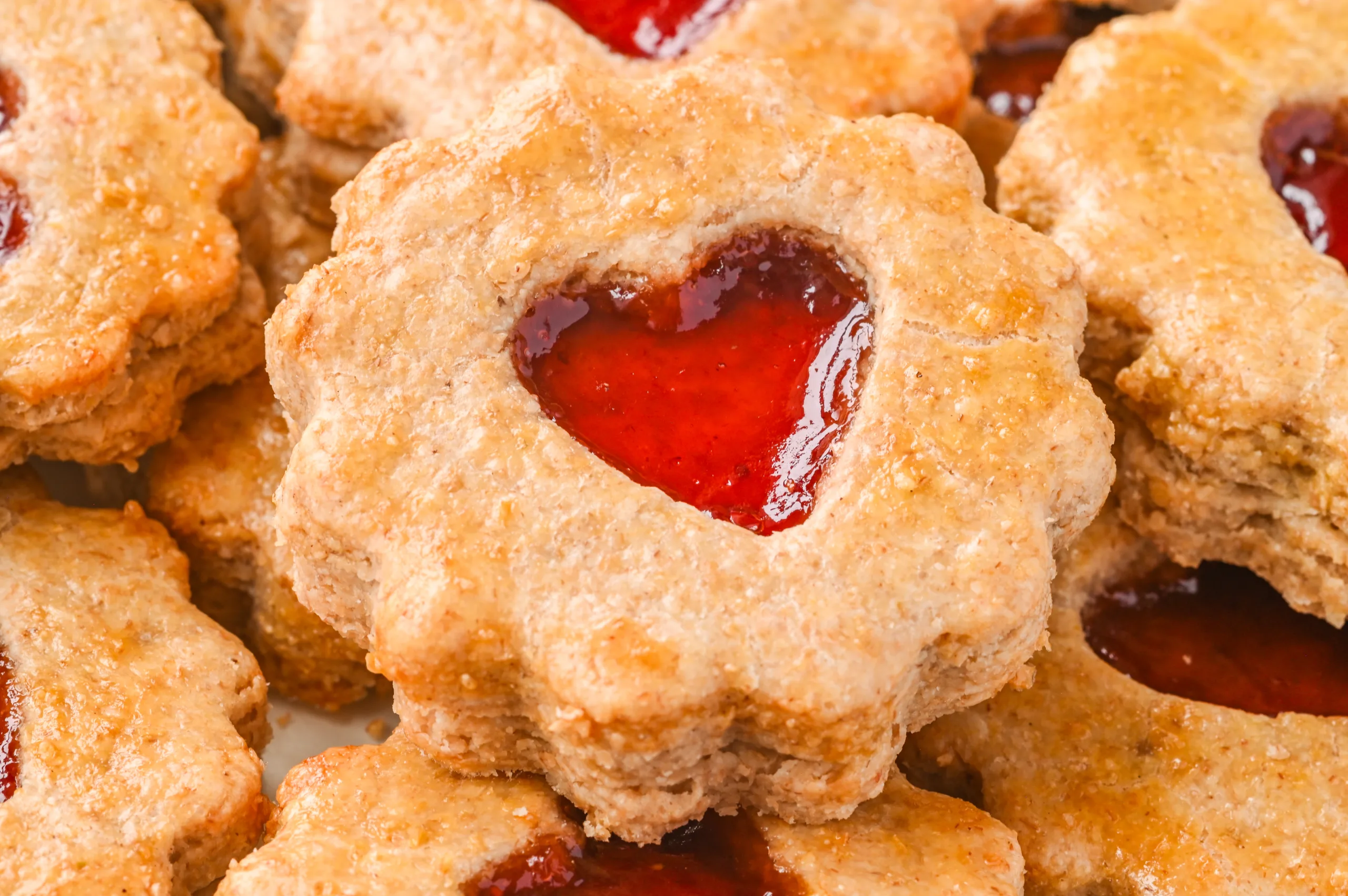 A close arrangement of flaky pie crust cookies, each featuring a glossy heart of red jam in the center for a cozy, old-fashioned touch.