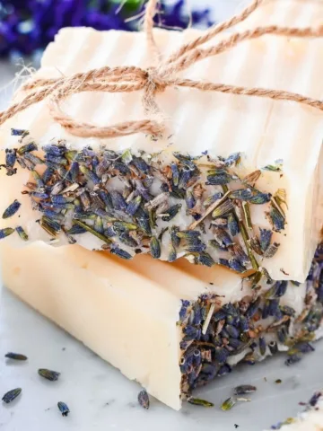 Creamy tallow soap bars infused with lavender petals, tied with twine for a rustic homemade look.