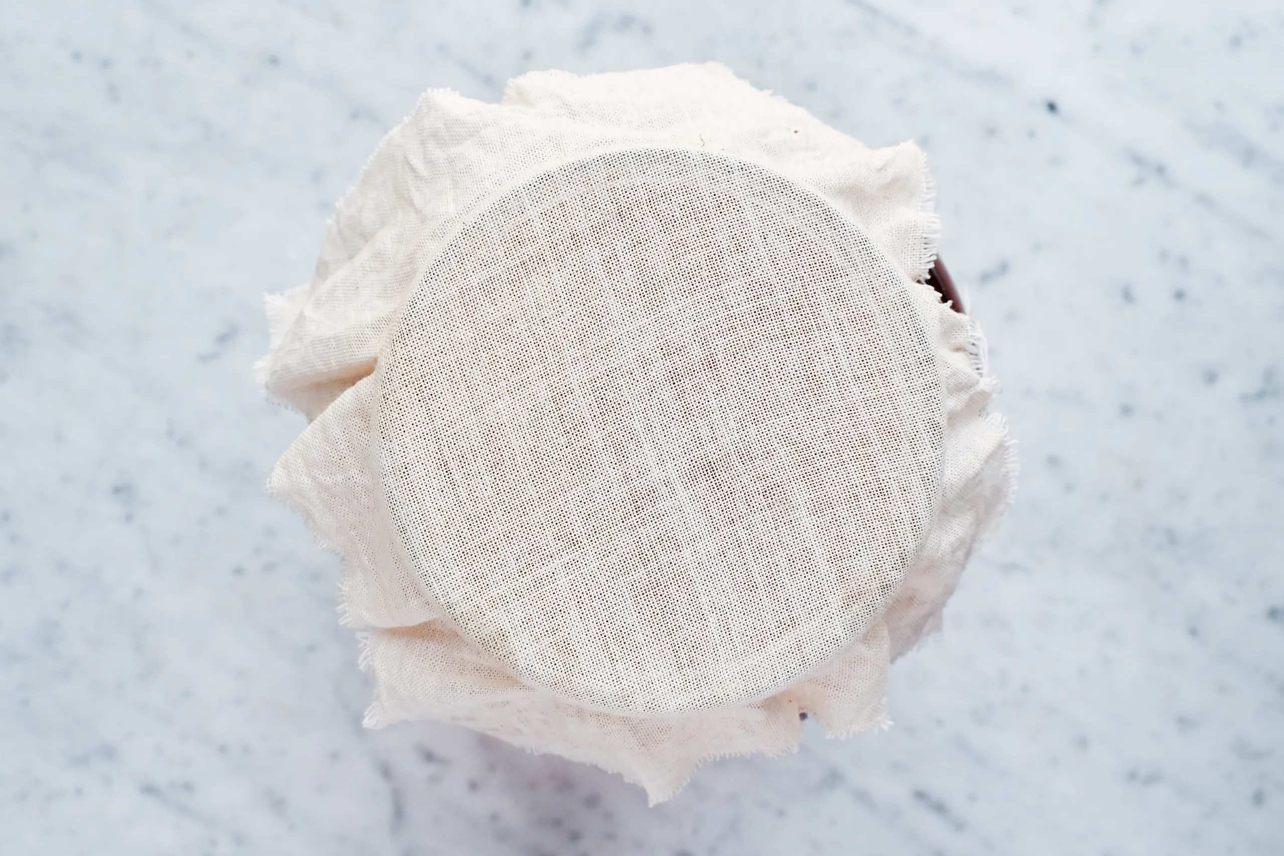 Glass jar of homemade kombucha covered with a cloth secured for the first fermentation at room temperature.