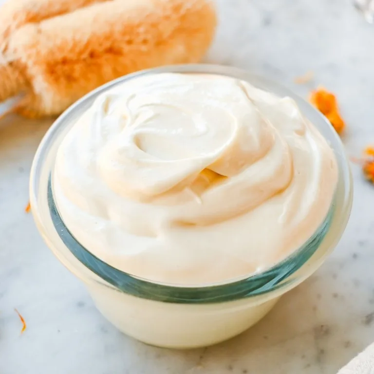 Homemade whipped tallow body butter with shea butter and cocoa butter in a small glass jar, whipped until light, smooth, and creamy.
