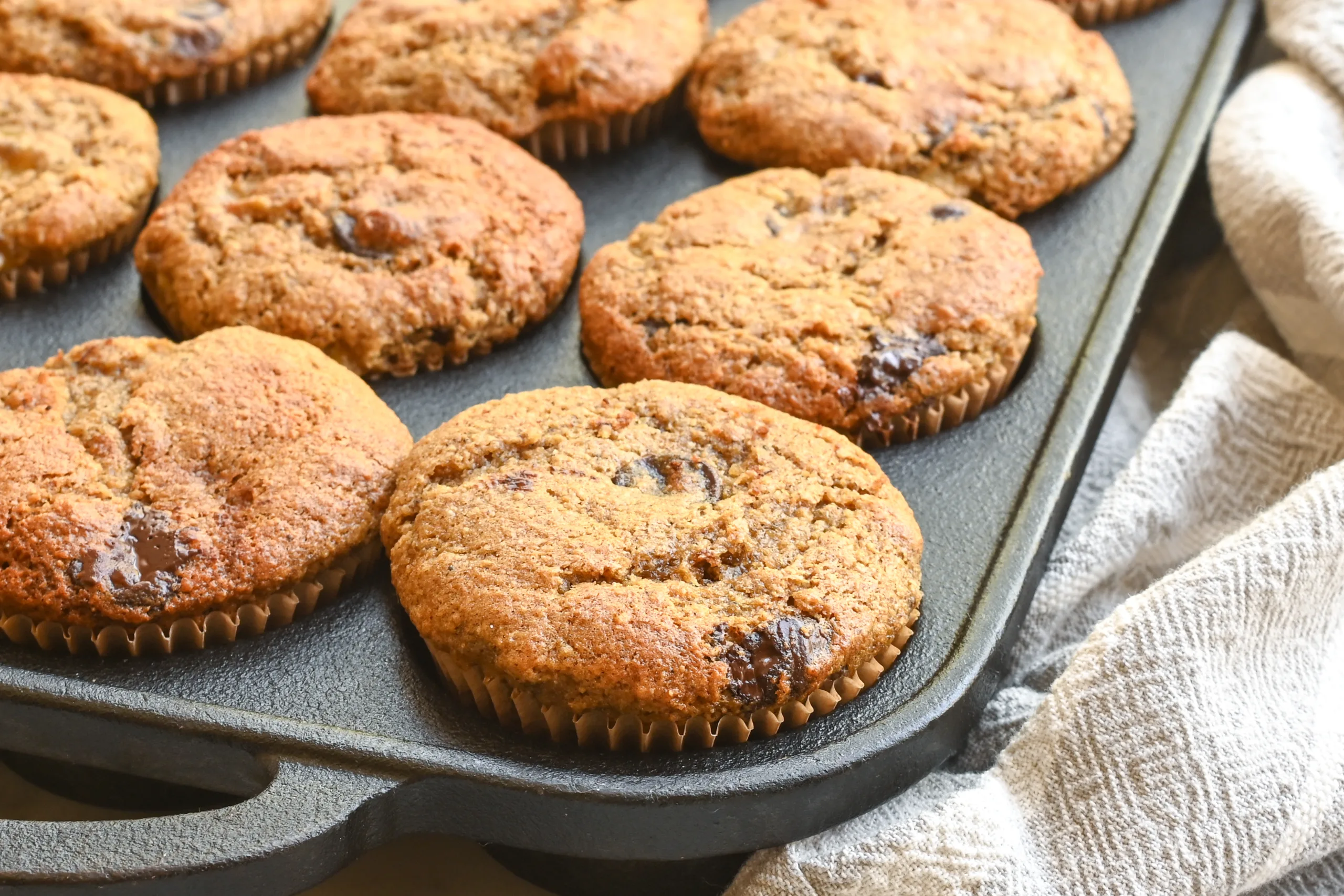 Fresh whole wheat banana chocolate chip muffin broken open to show the tender, moist crumb and melted chocolate inside.