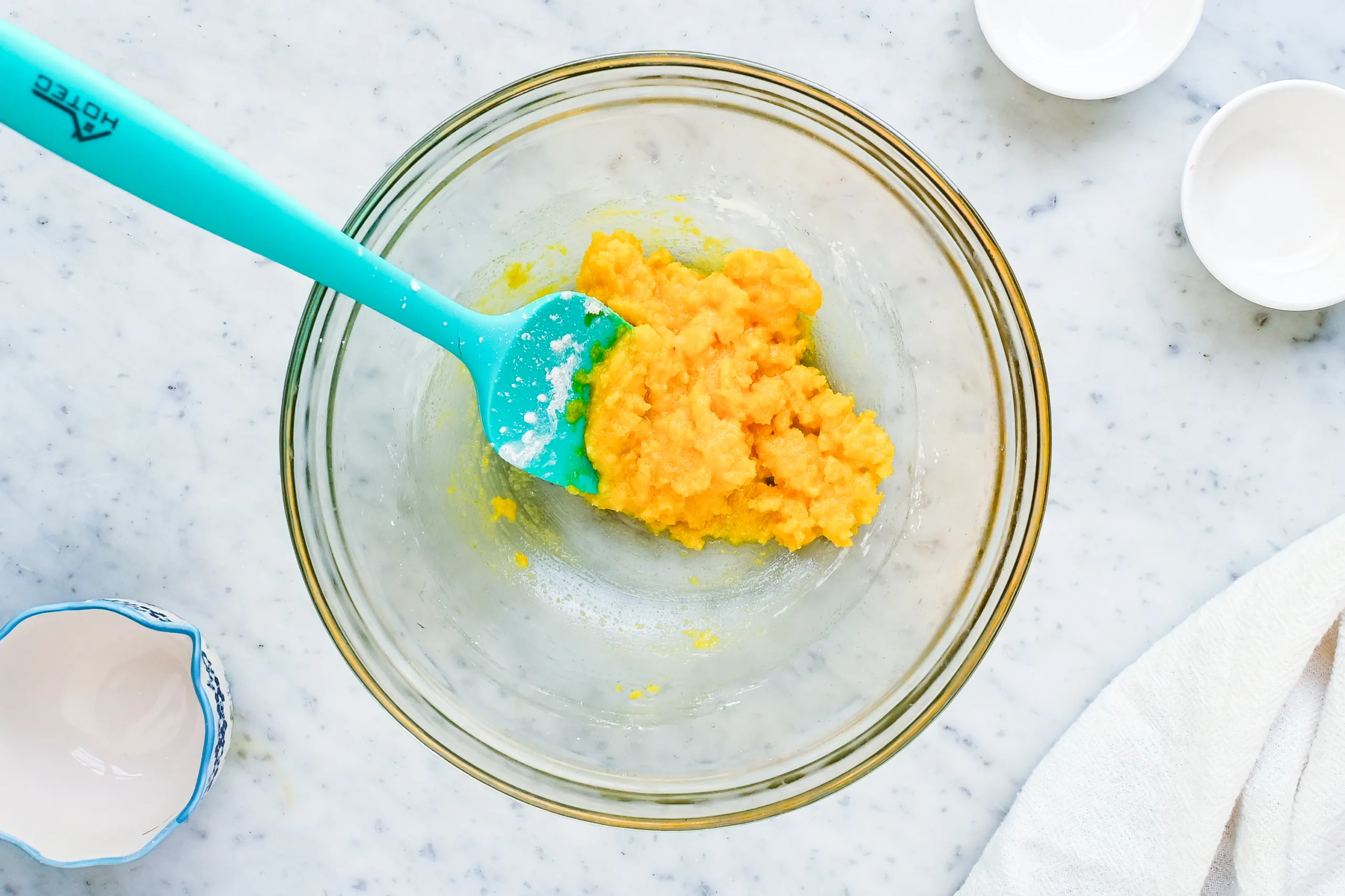 Egg yolk mixture whisked with sugar and cornstarch for vanilla cream filling.