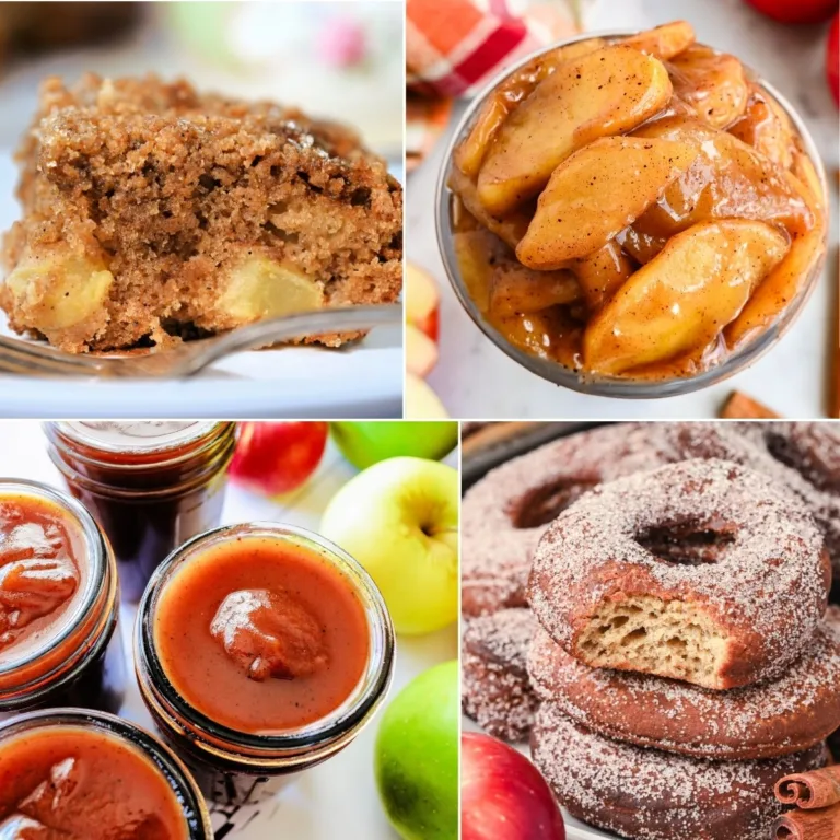 Collage of fall apple recipes including apple pie filling, apple butter, apple cider donuts, and an apple dessert.