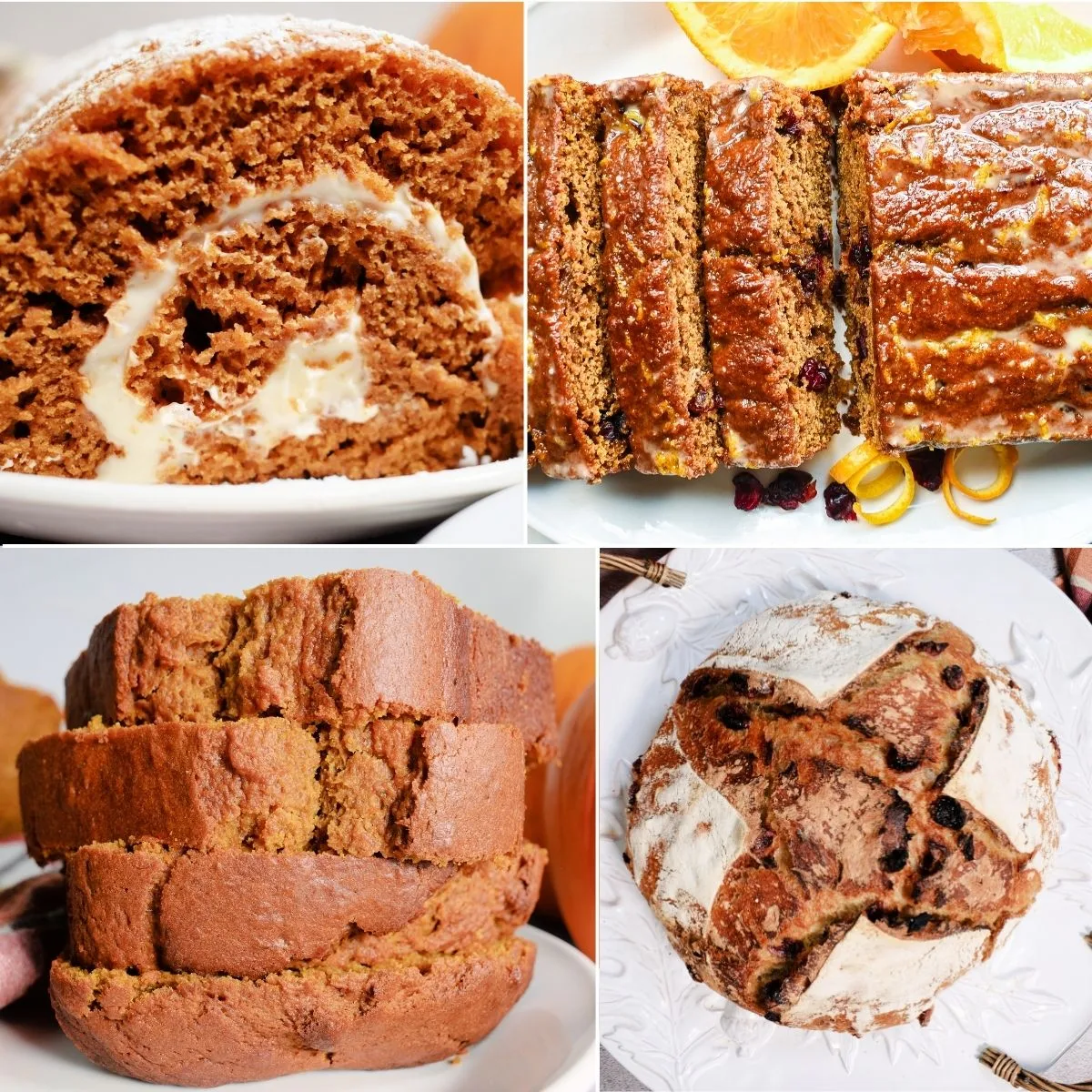 Collage of homemade pumpkin recipes for fall, featuring pumpkin roll, pumpkin cranberry quick bread, banana pumpkin bread, and cranberry pumpkin sourdough bread.
