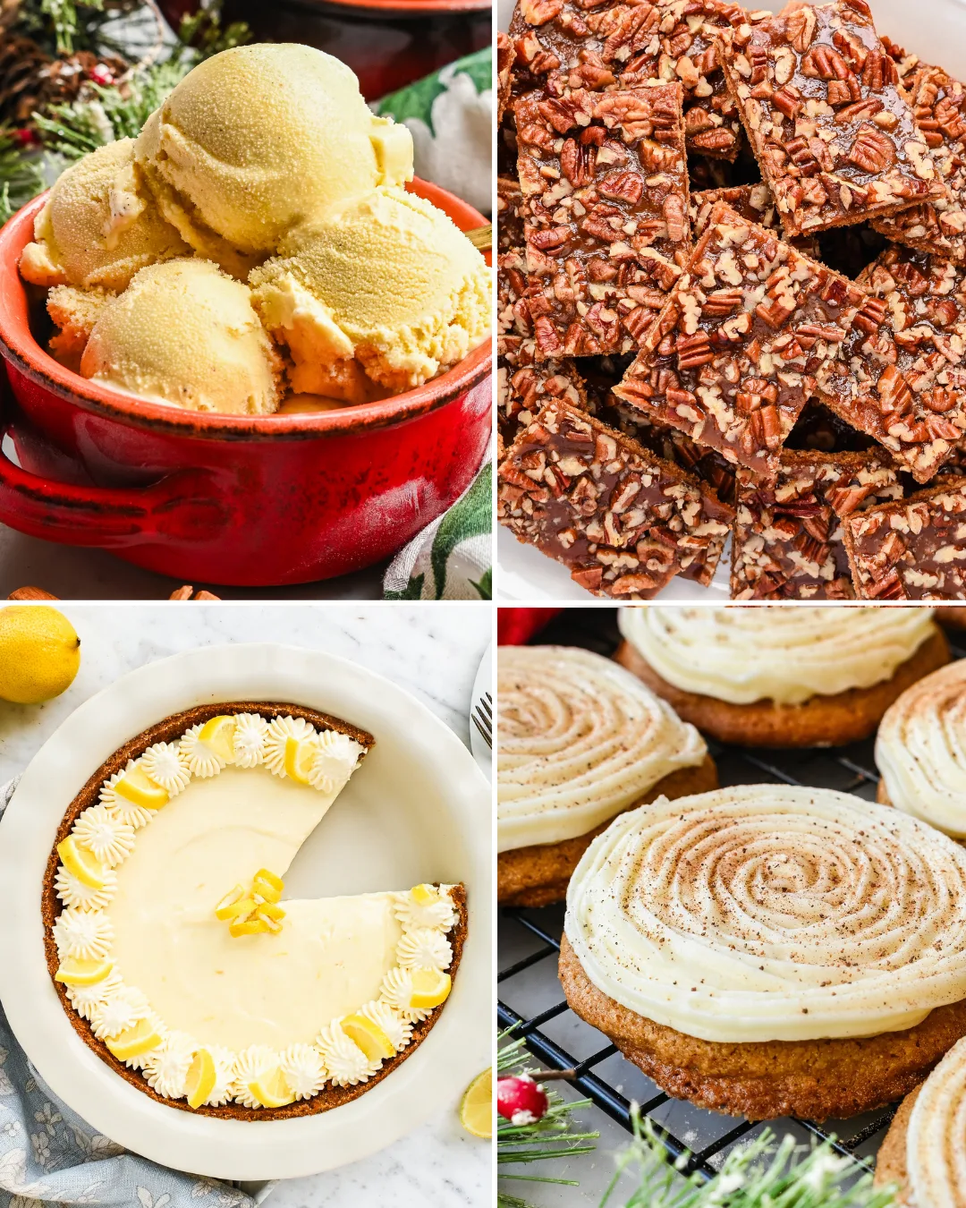 Collage of Christmas desserts including homemade eggnog ice cream, pecan pie bark, no-bake lemon icebox pie, and soft eggnog cookies with cream cheese frosting.