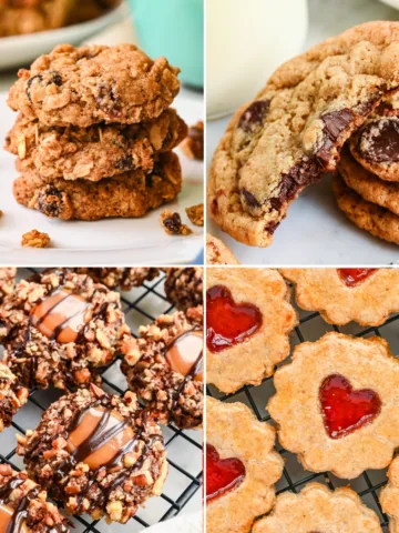 Collage of easy cookie recipes including oatmeal raisin cookies, chocolate chip cookies, turtle thumbprint cookies, and jam-filled pie crust cookies.