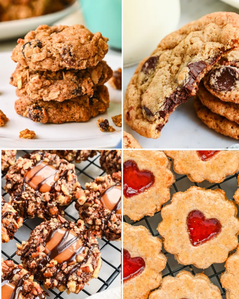 Collage of easy cookie recipes including oatmeal raisin cookies, chocolate chip cookies, turtle thumbprint cookies, and jam-filled pie crust cookies.