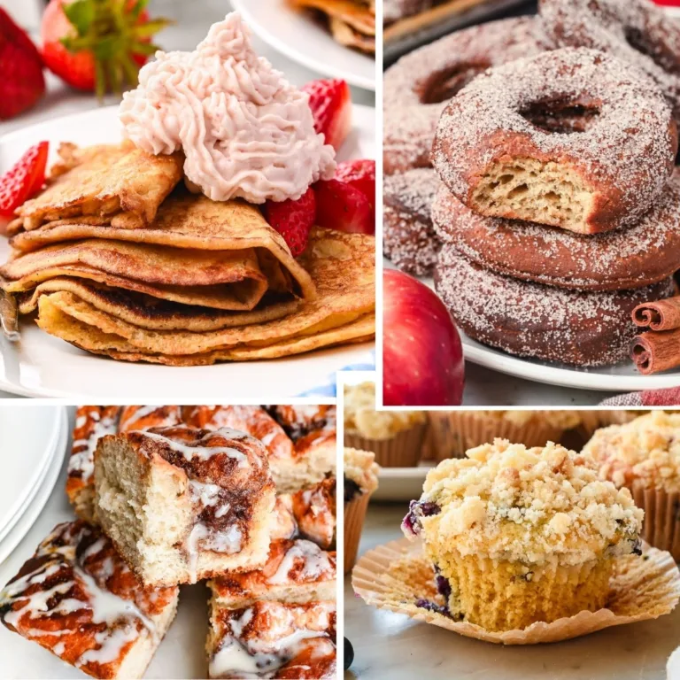 Collage of sourdough breakfast recipes including crepes with strawberries, apple cider donuts, cinnamon roll focaccia, and blueberry crumb muffins.