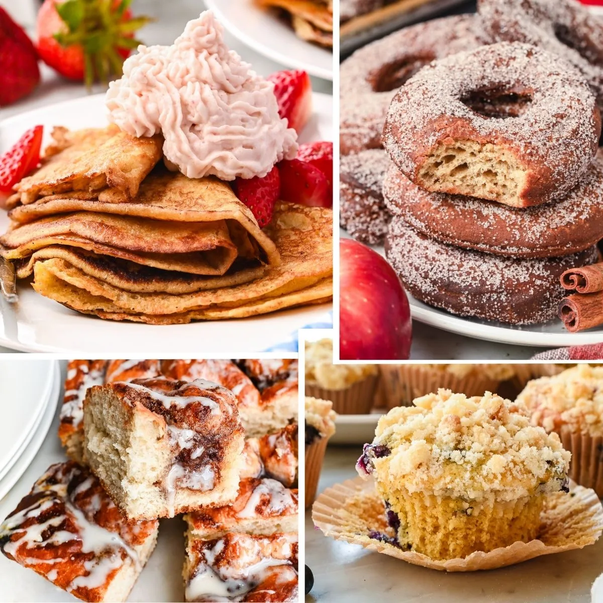 Collage of sourdough breakfast recipes including crepes with strawberries, apple cider donuts, cinnamon roll focaccia, and blueberry crumb muffins.